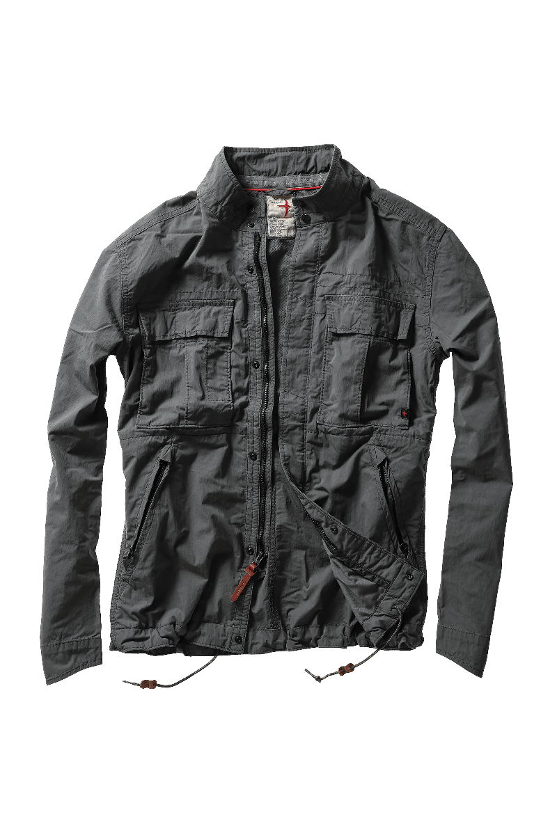 Dark gray jacket with multiple pockets on a white background