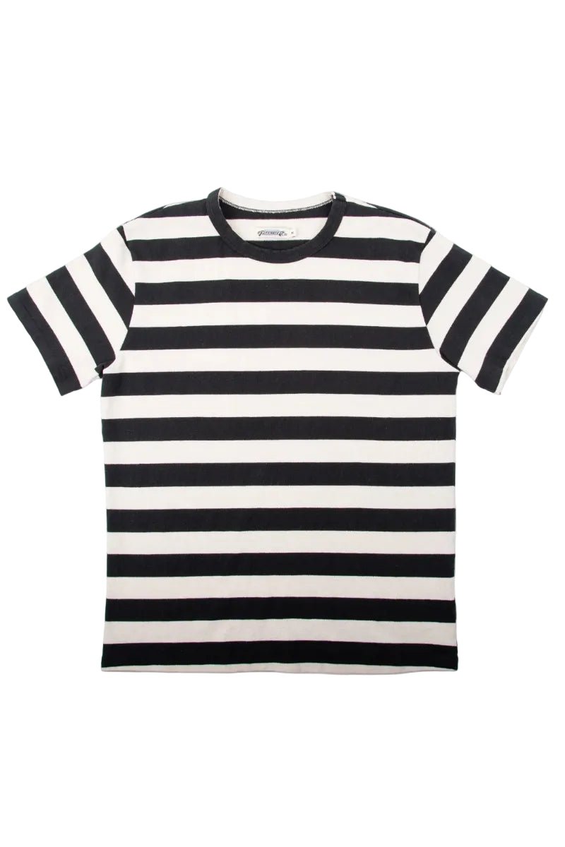 Black and white striped t-shirt on a light gray background