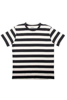 Black and white striped t-shirt on a light gray background