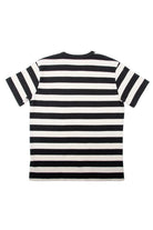 Black and white striped t-shirt with short sleeves on a white background