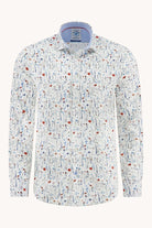 Floral patterned shirt with a brand label on a white background