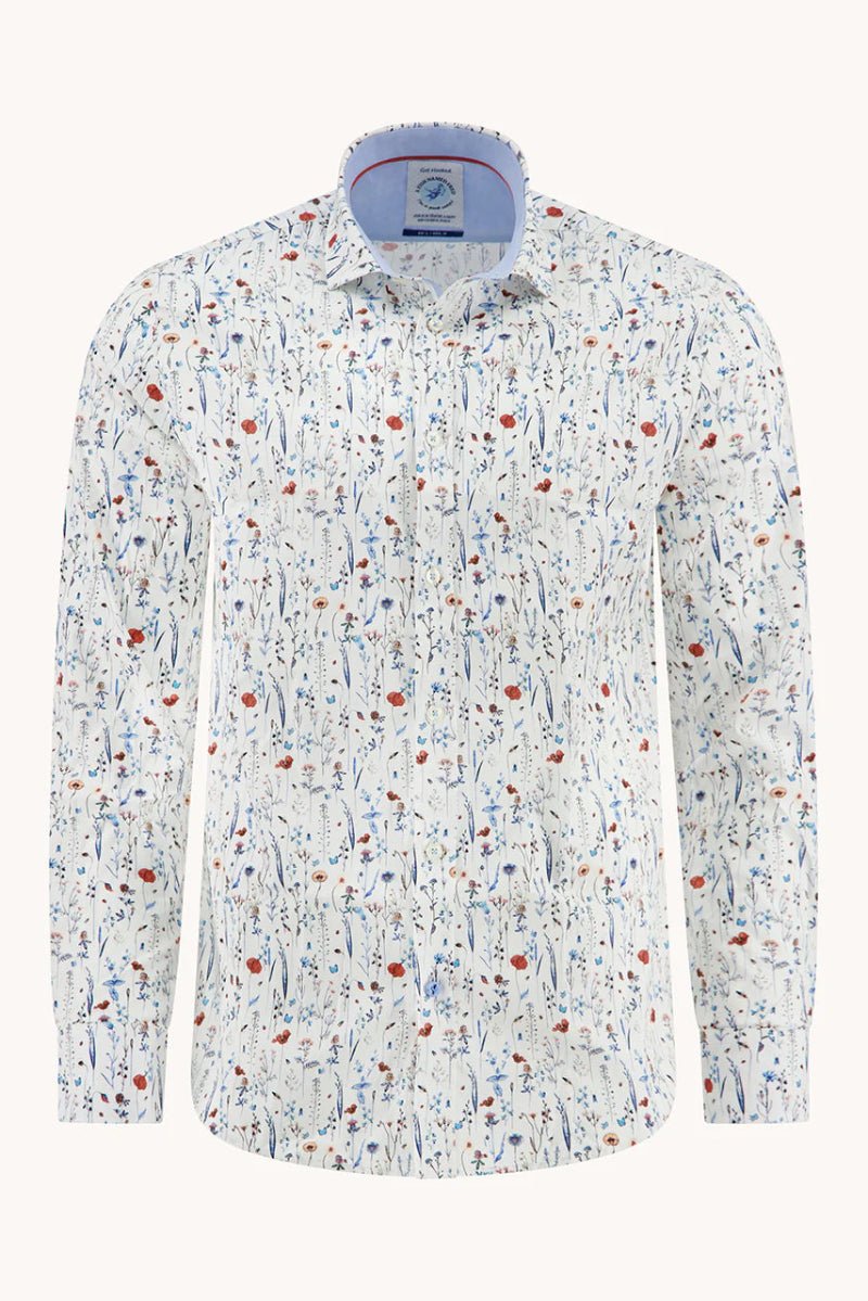 Floral patterned shirt with a brand label on a white background