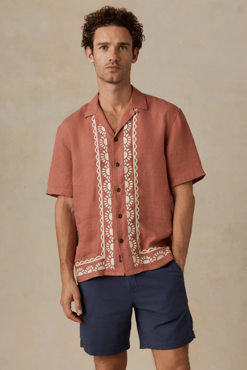 Shirts & Tops - Faherty Brand - Short - Sleeve Embroidered Shirt in Dusty Sienna - Archery Close