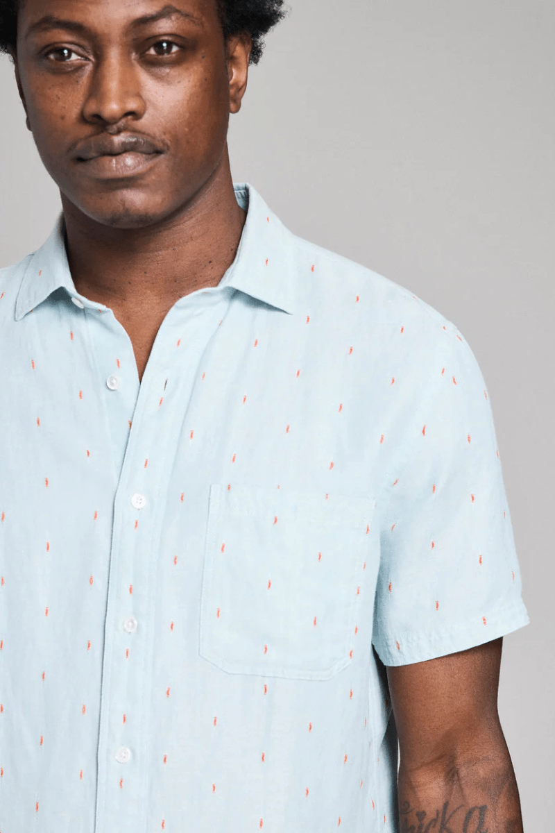 Shirts & Tops - Billy Reid - Short Sleeve Herringbone Treme Shirt - Sky Blue - Archery Close