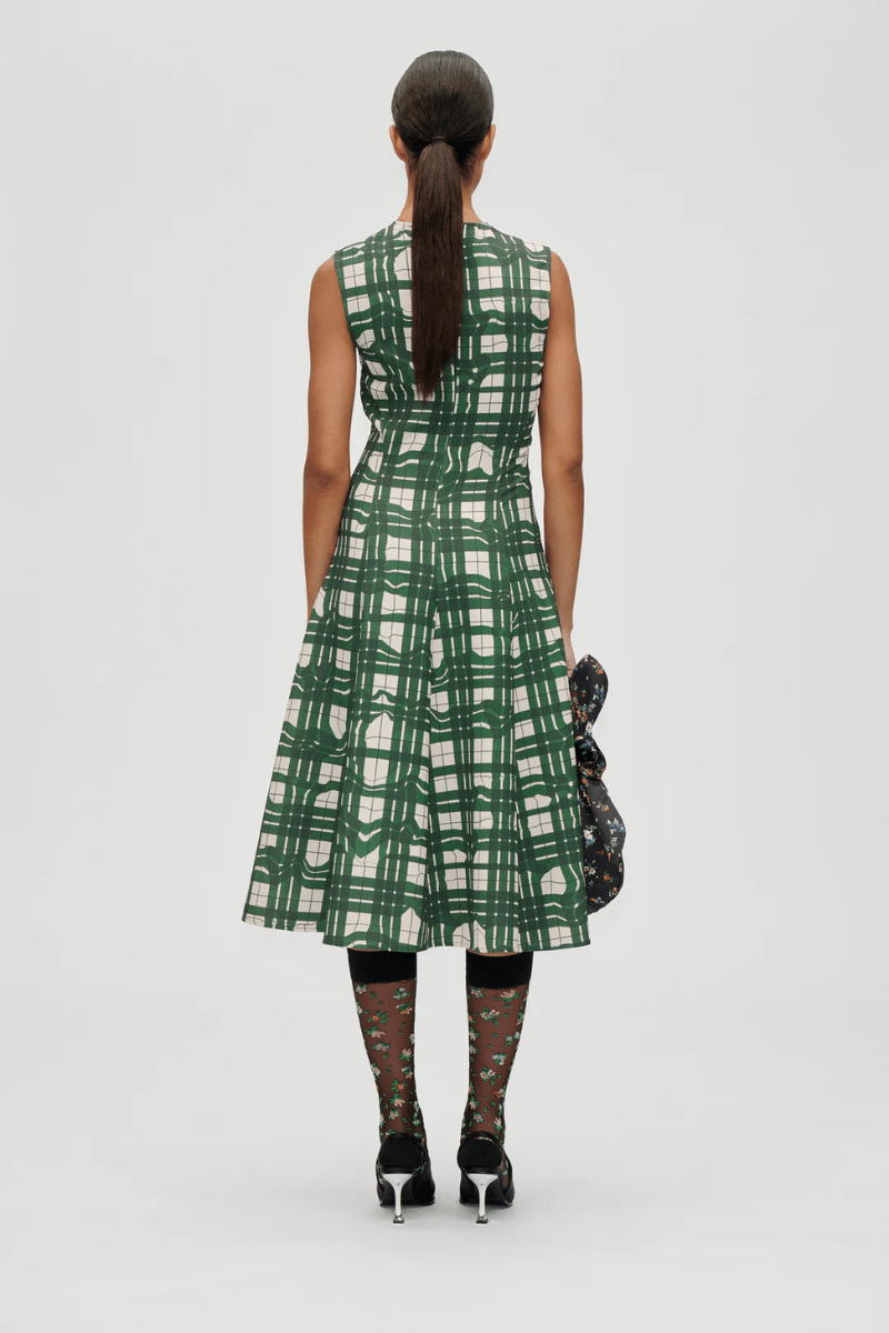 Dresses - Stine Goya - Sleeveless Gathered Midi Dress in Checkered Wave - Archery Close