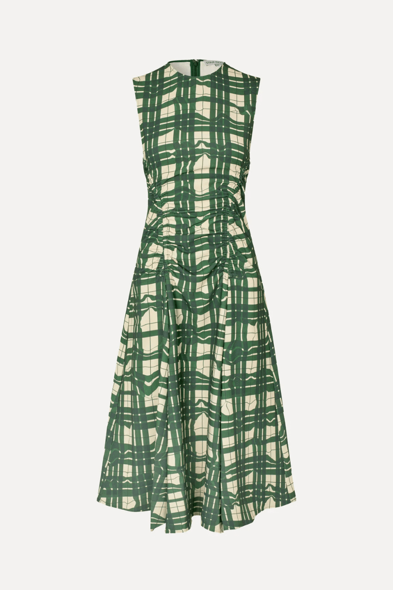 Dresses - Stine Goya - Sleeveless Gathered Midi Dress in Checkered Wave - Archery Close