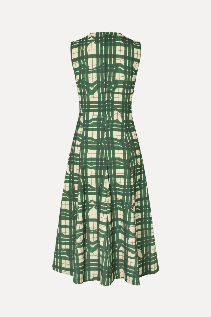 Dresses - Stine Goya - Sleeveless Gathered Midi Dress in Checkered Wave - Archery Close