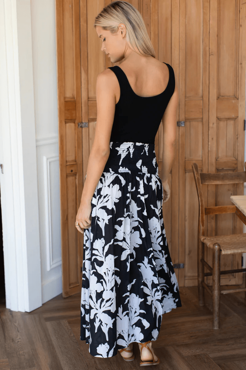 Skirts - Emerson Fry - Smocked Maxi Skirt - Black + Ivory Orchid Organic - Archery Close