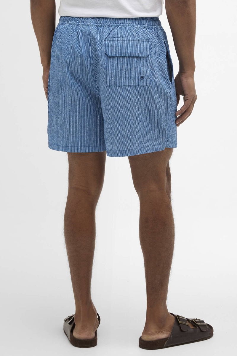 Person wearing blue shorts on a white background