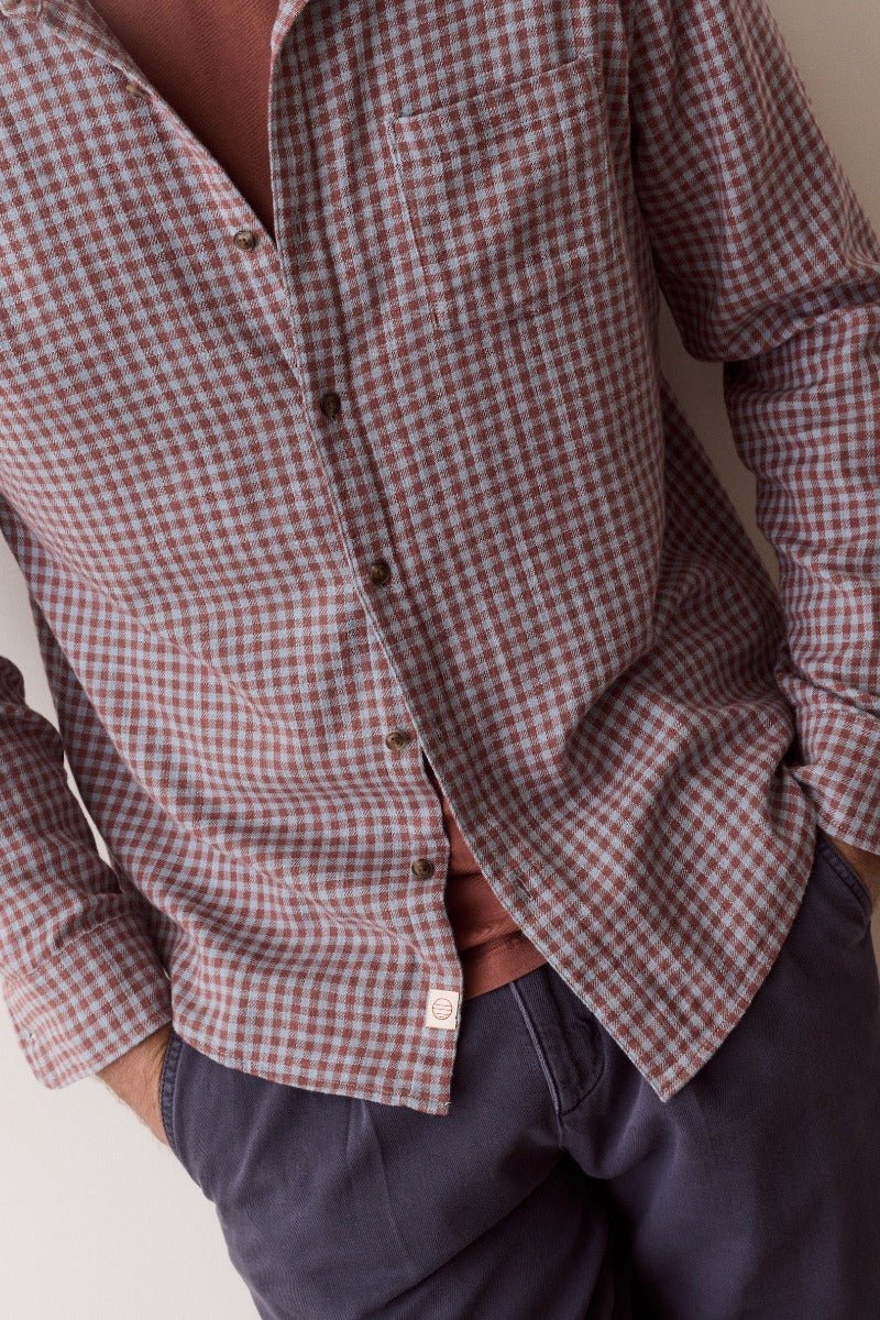 Marine Layer Stretch Selvage Long Sleeve Shirt - Burgundy/Blue Gingham