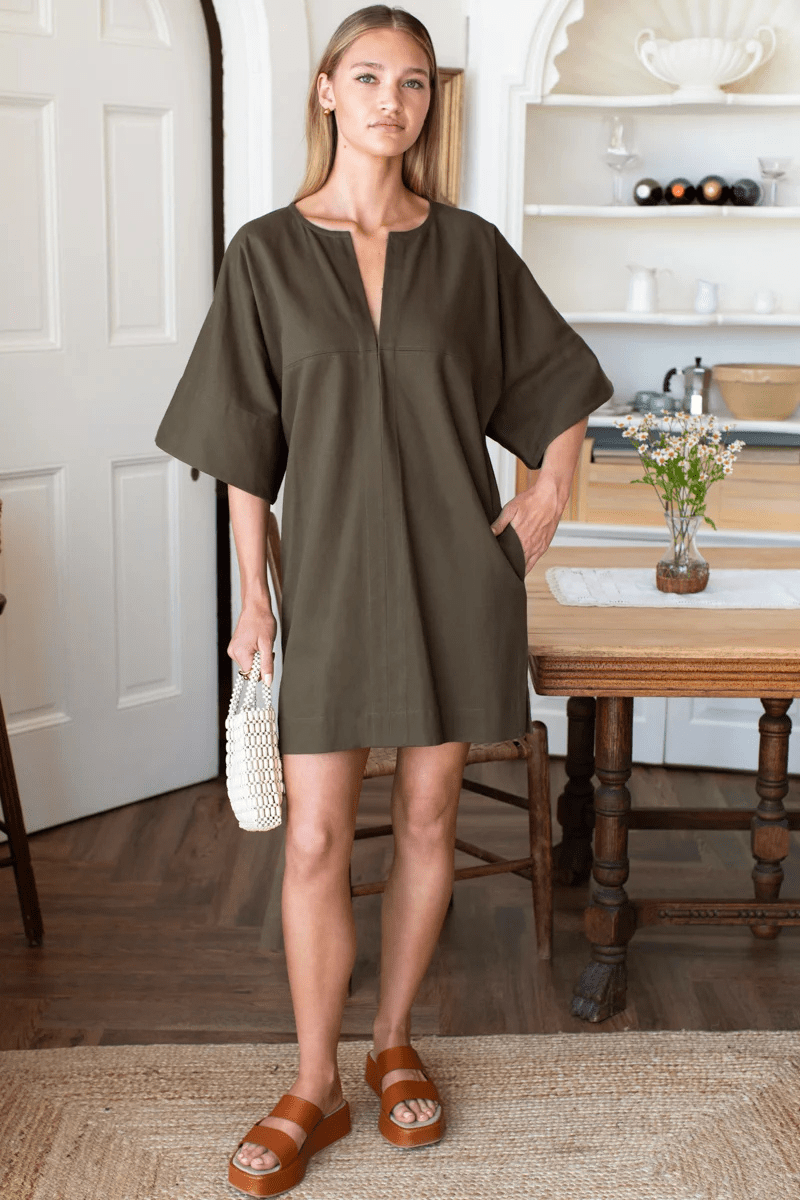 Dresses - Emerson Fry - Structured Dress in Army Green - Archery Close