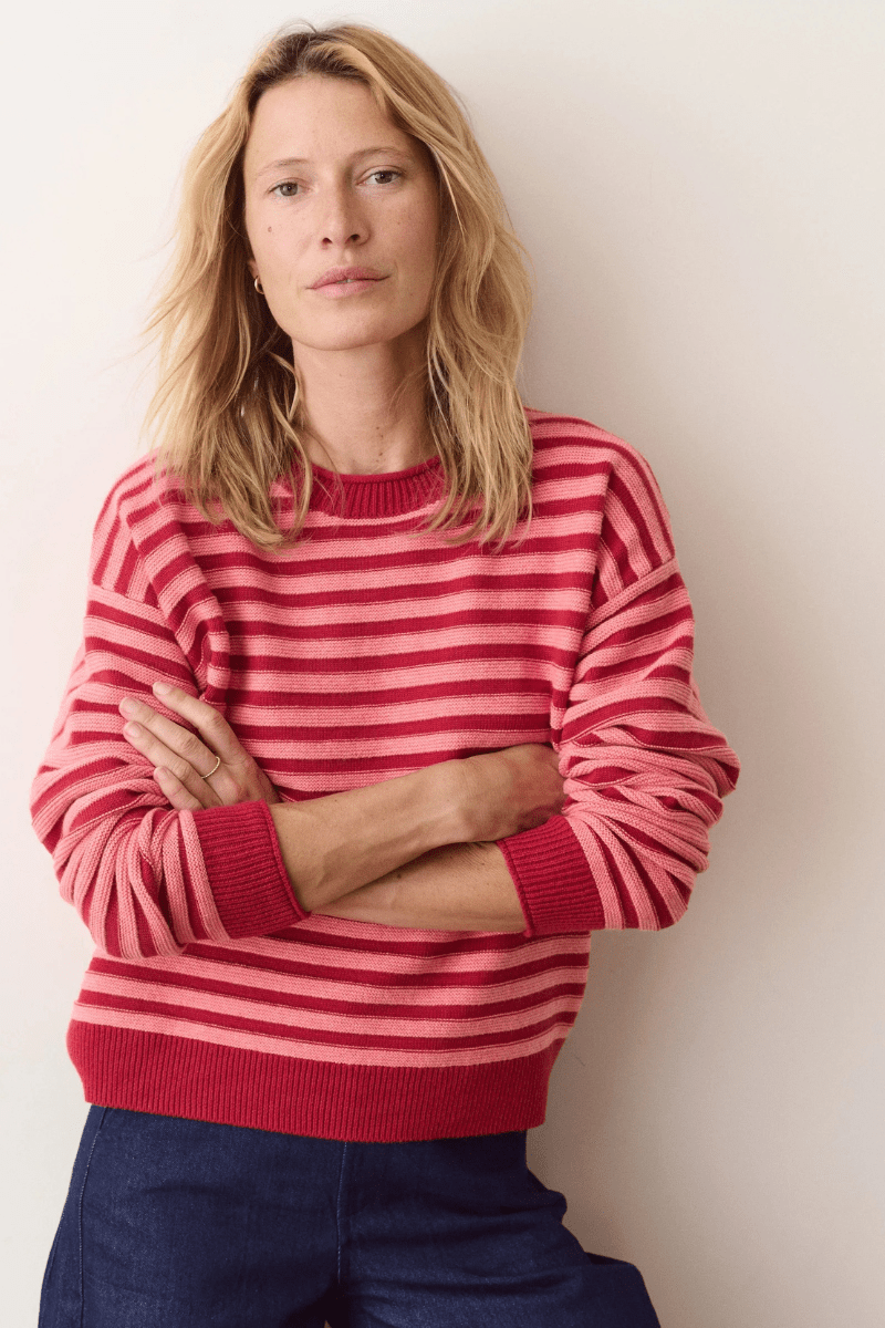 Sweater - Marine Layer - Suki Rollneck Sweater in Dusk Rose Stripe - Archery Close