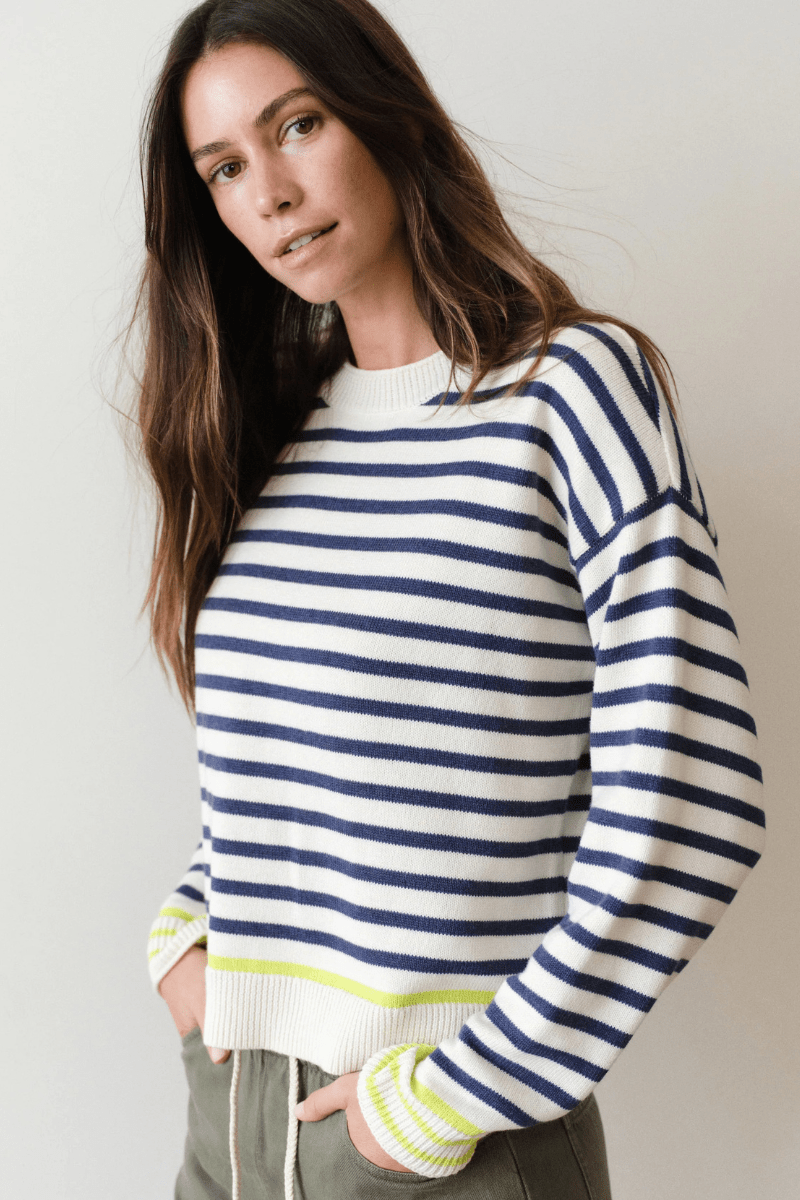 Sweater - Marine Layer - Suki Rollneck Sweater in Navy Stripe - Archery Close
