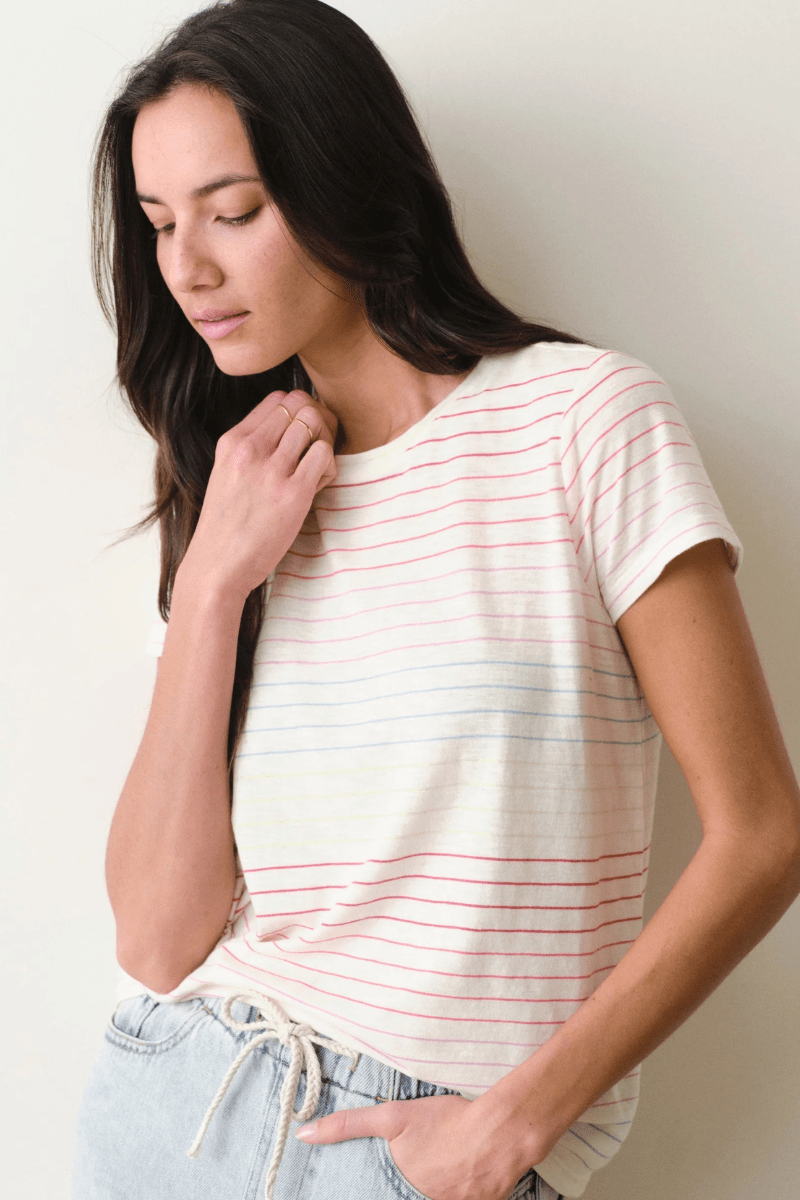 T-Shirt - Marine Layer - Swing Crew Tee Rainbow Stripe - Archery Close