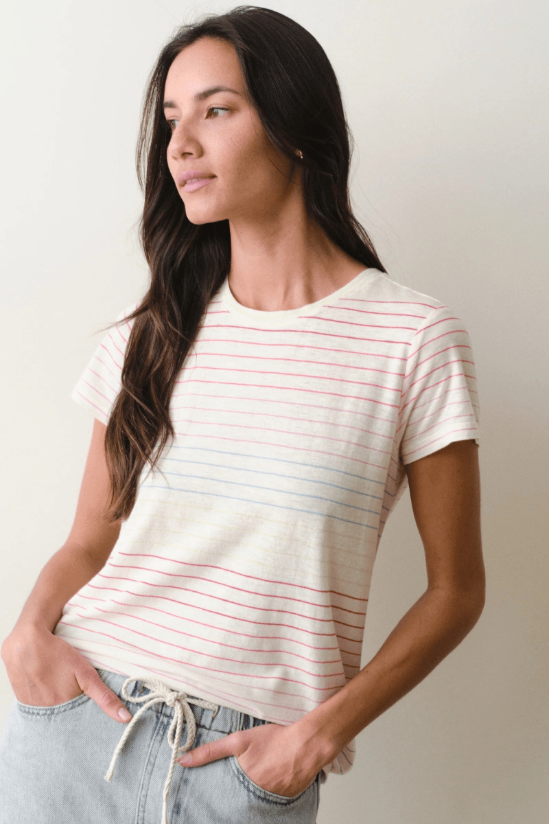 T-Shirt - Marine Layer - Swing Crew Tee Rainbow Stripe - Archery Close