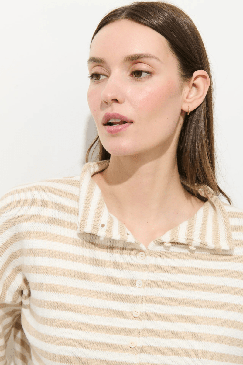 Sweater - Alex Mill - Taylor Striped Cardigan in Sand/Ivory - Archery Close