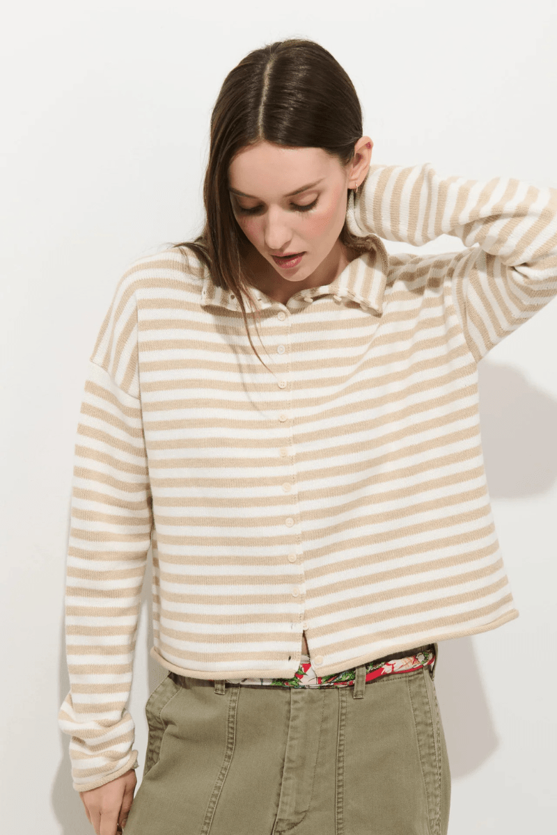 Sweater - Alex Mill - Taylor Striped Cardigan in Sand/Ivory - Archery Close
