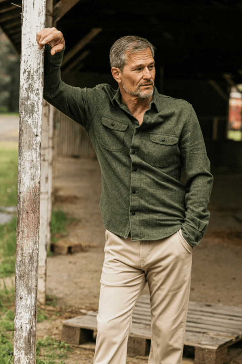 Shirts & Tops - Hiroshi Kato - The Brace Triple Twisted Plaid in Moss - Archery Close