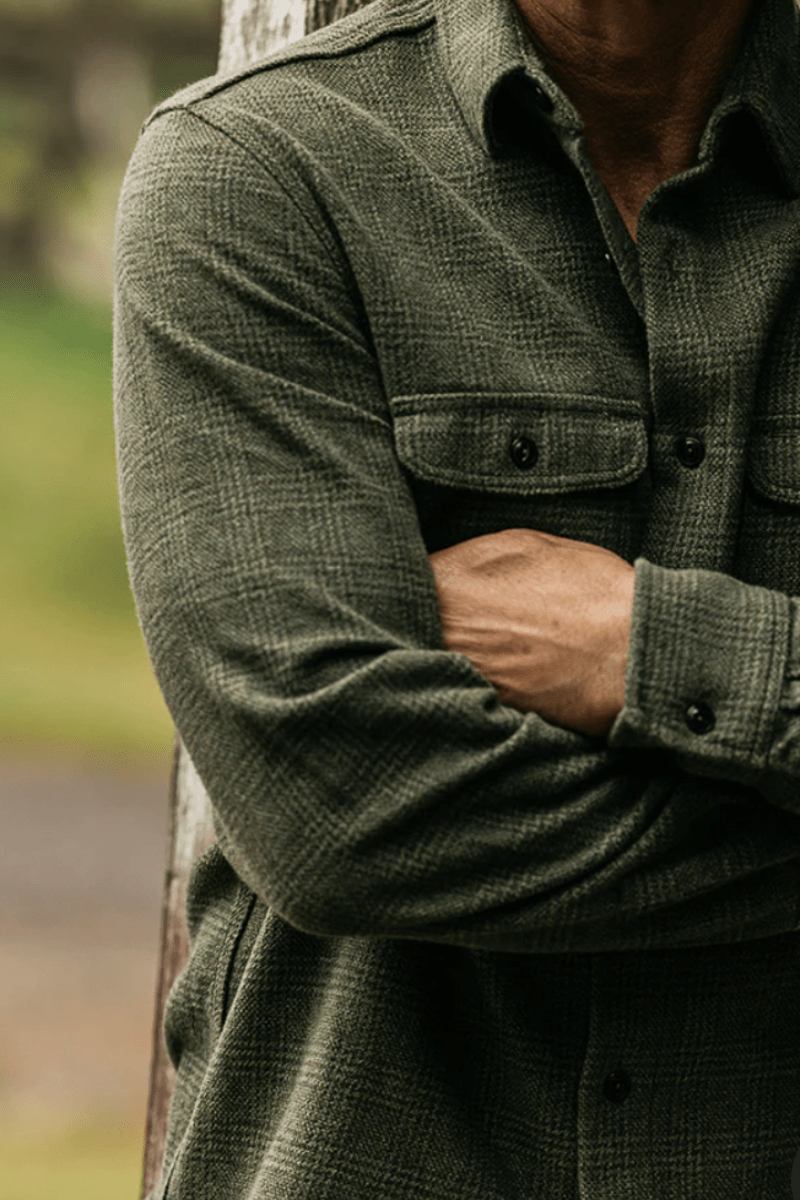 Shirts & Tops - Hiroshi Kato - The Brace Triple Twisted Plaid in Moss - Archery Close