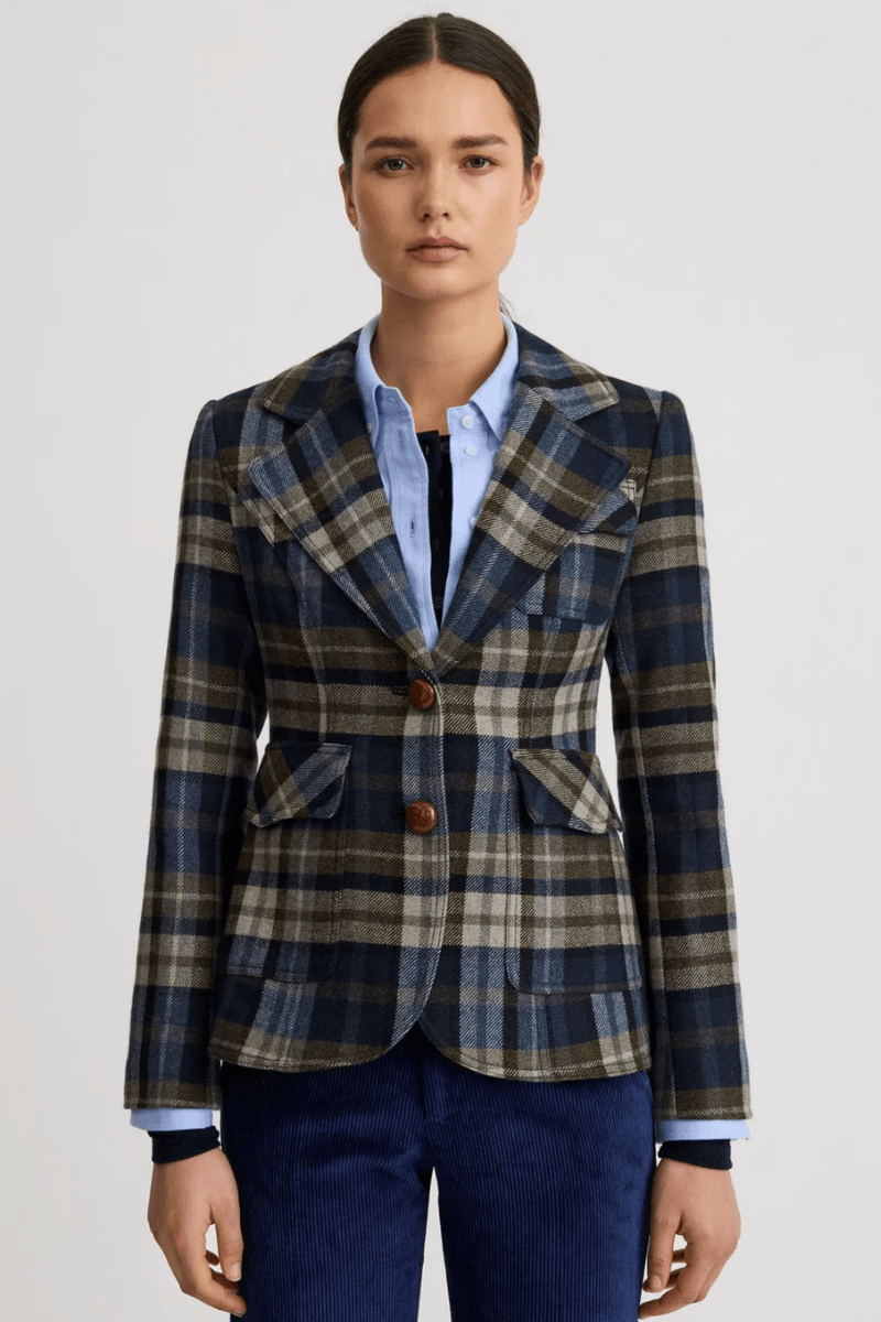 Blazer - Smythe - Two Button Patch Pocket Blazer in Blue Plaid - Archery Close