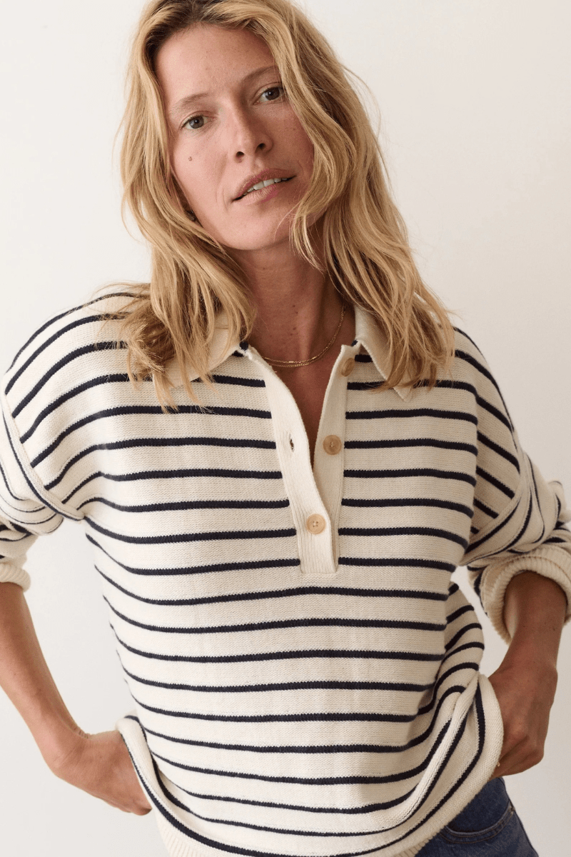 Sweater - Marine Layer - Valerie Polo Sweater - Archery Close
