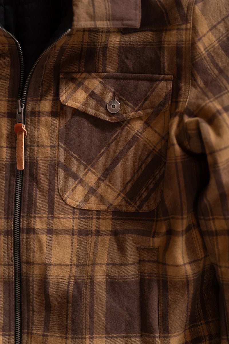 Close-up of a brown plaid jacket with a pocket and zipper detail.