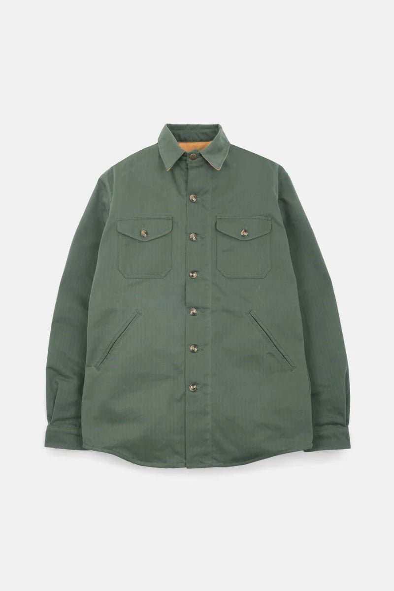Green jacket with button details on a light gray background