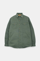 Green jacket with button details on a light gray background