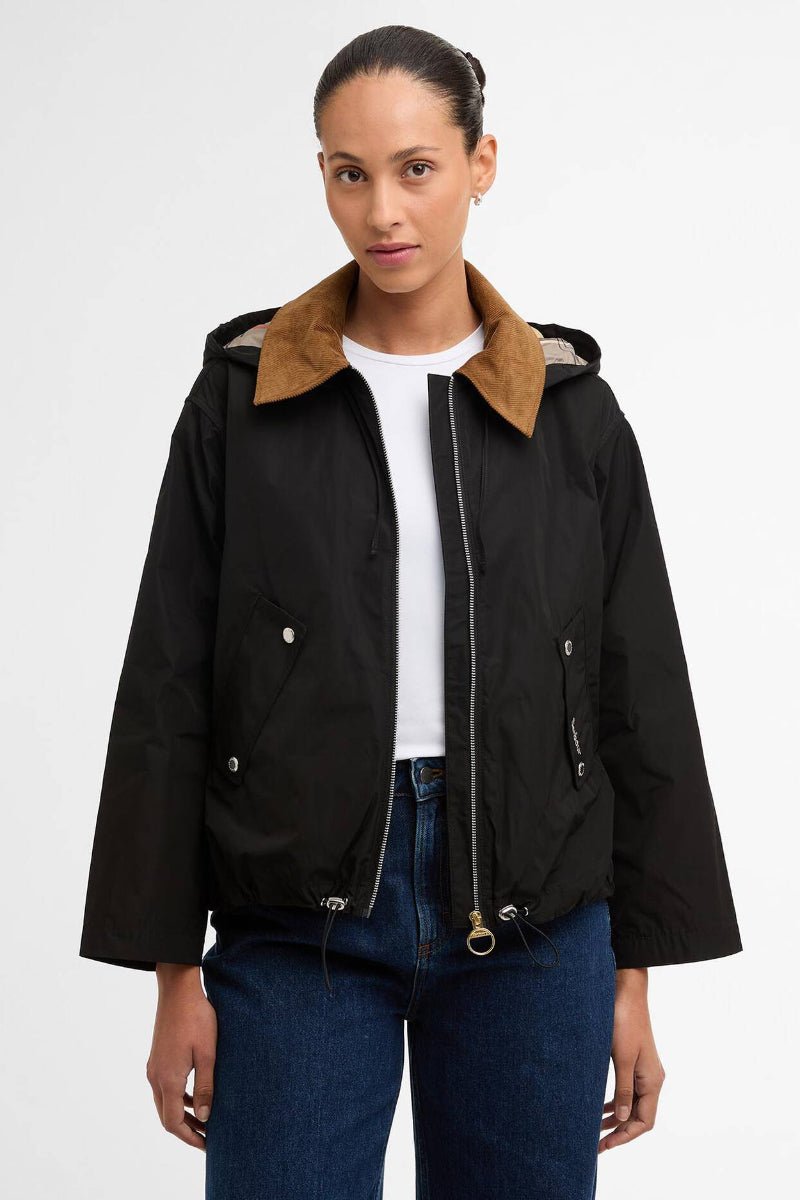 Person wearing a black jacket with a brown collar on a white background