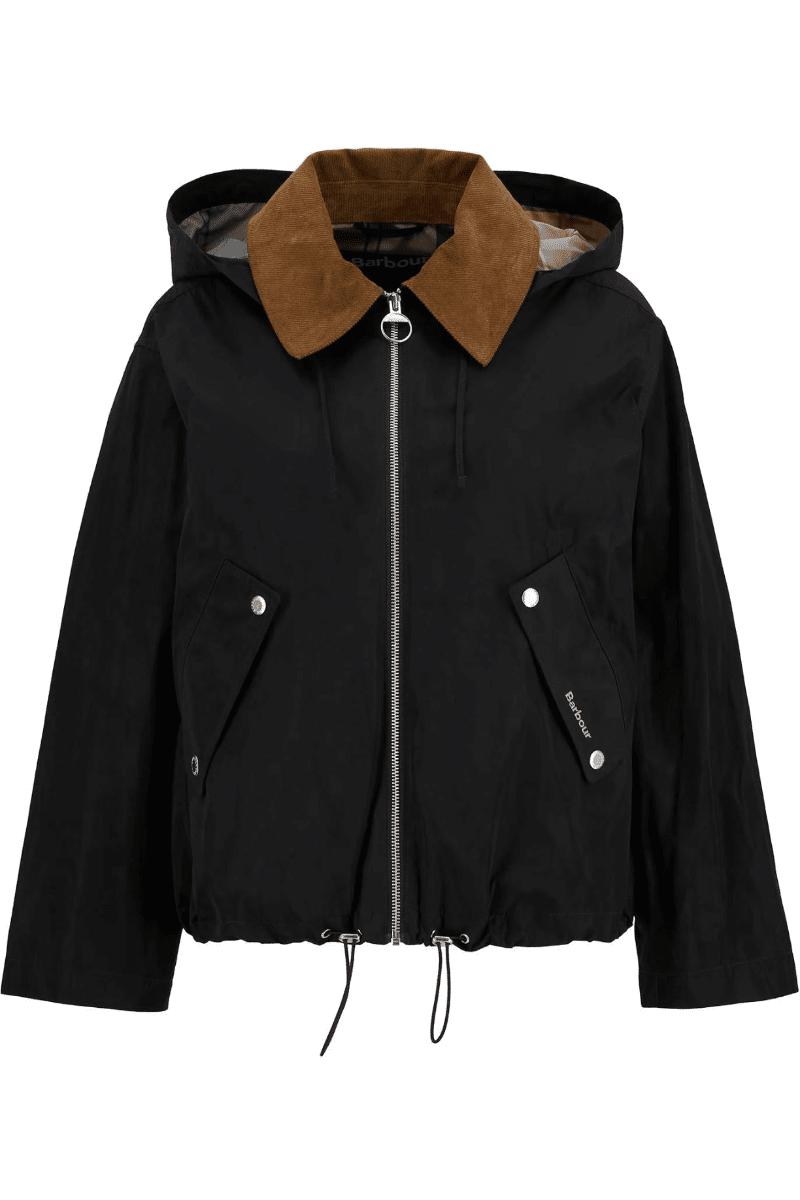 Black jacket with brown collar on a white background