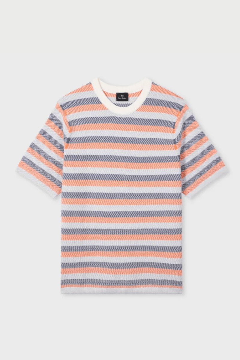Blue And Orange Textured Stripe Knitted T-Shirt - Paul Smith - Archery Close