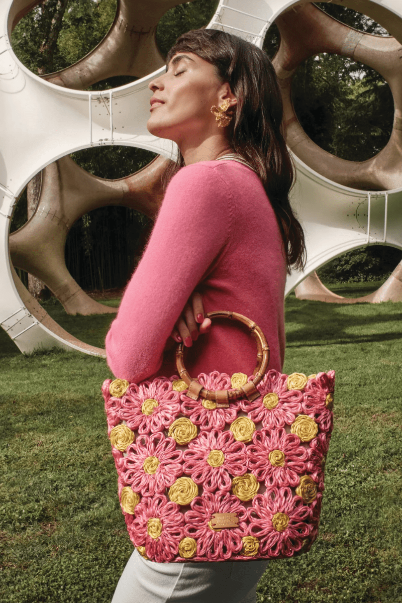 Flora Tote w/ Bamboo Handle in Pink/Yellow - Frances Valentine - Archery Close