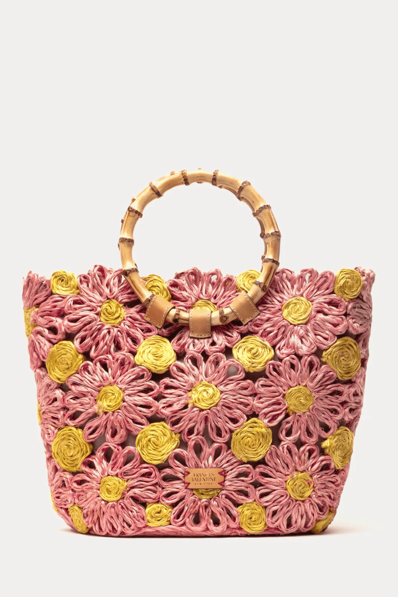 Flora Tote w/ Bamboo Handle in Pink/Yellow - Frances Valentine - Archery Close