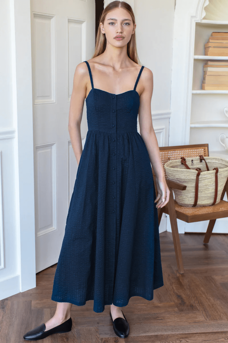 Florentine Layering Dress in Navy Seersucker - Emerson Fry - Archery Close