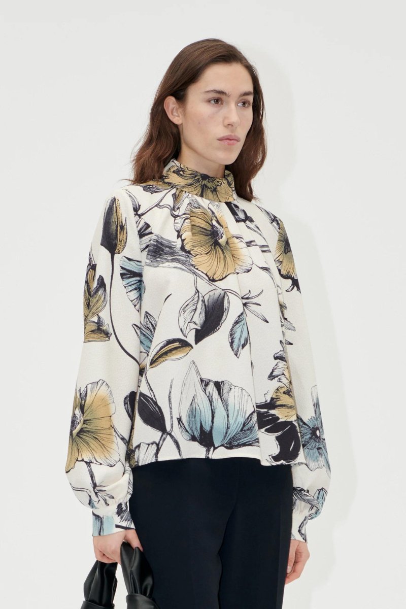 Gathered Long Sleeve Top in Fine Line Poppies - Stine Goya - Archery Close