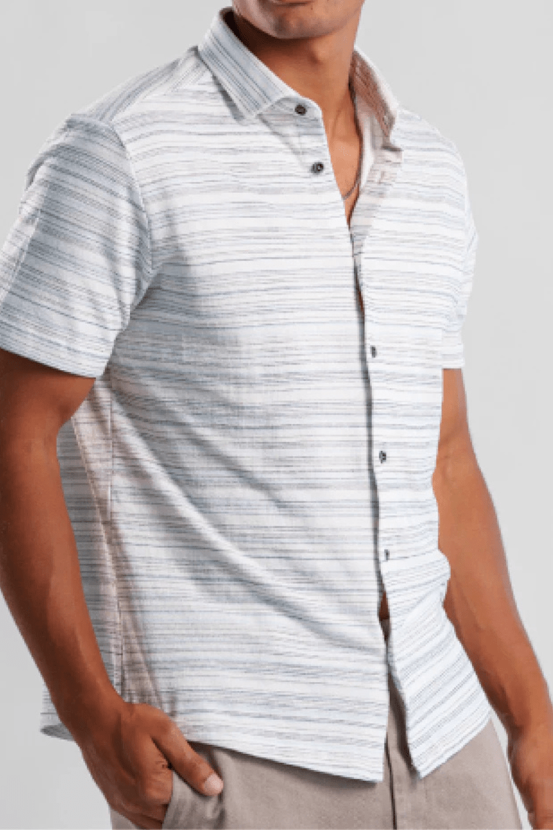 Printed Horizon Pinstripe Knit Shirt in Light Blue - Stone Rose - Archery Close