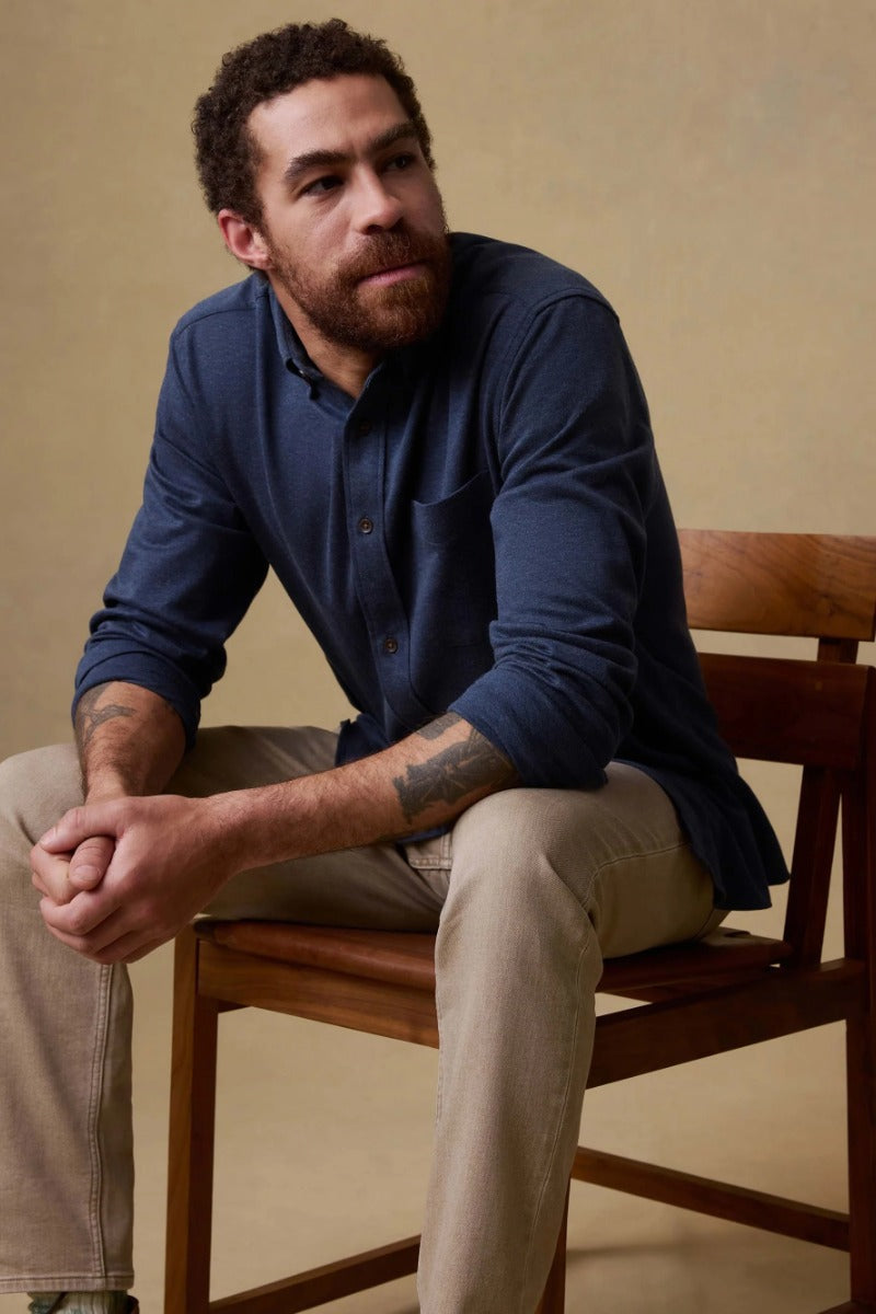 Faherty Brand Coastline Knit Shirt in Ocean Heather Twill
