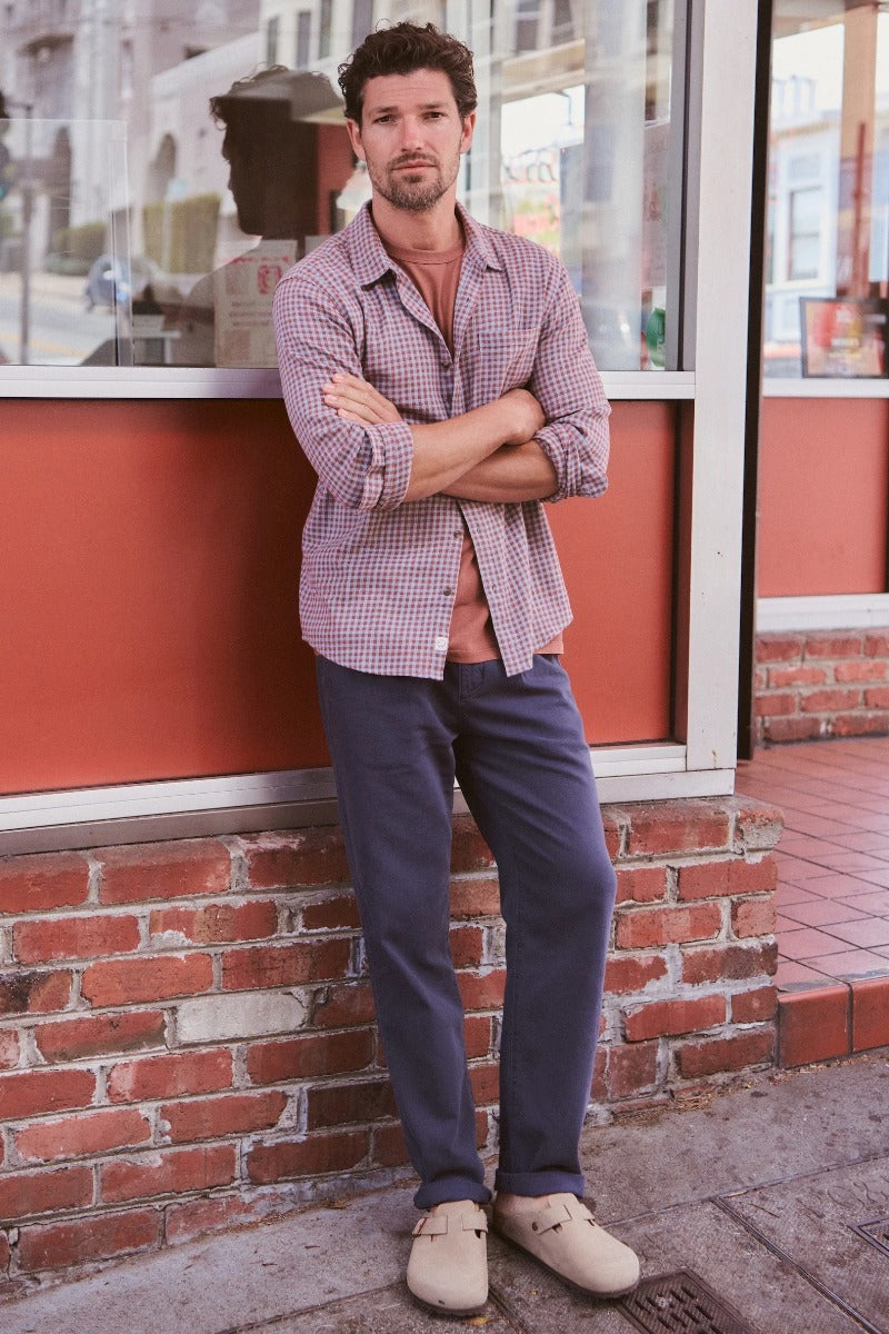 Marine Layer Stretch Selvage Long Sleeve Shirt - Burgundy/Blue Gingham