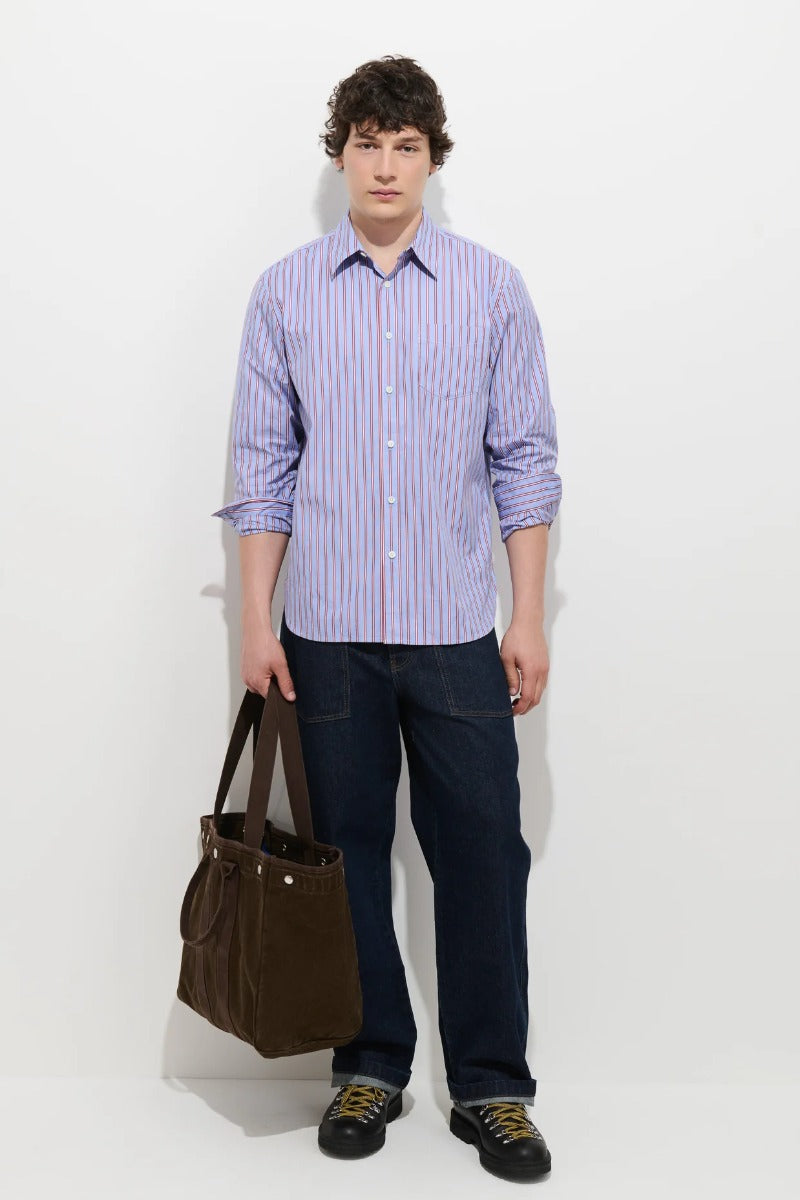 Alex Mill Mill Point Collar Striped Shirt in Cotton Poplin - Blue Stripe