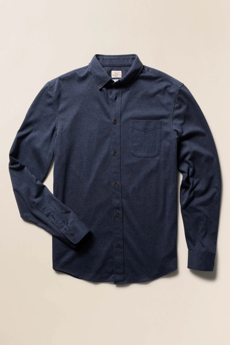Faherty Brand Coastline Knit Shirt in Ocean Heather Twill