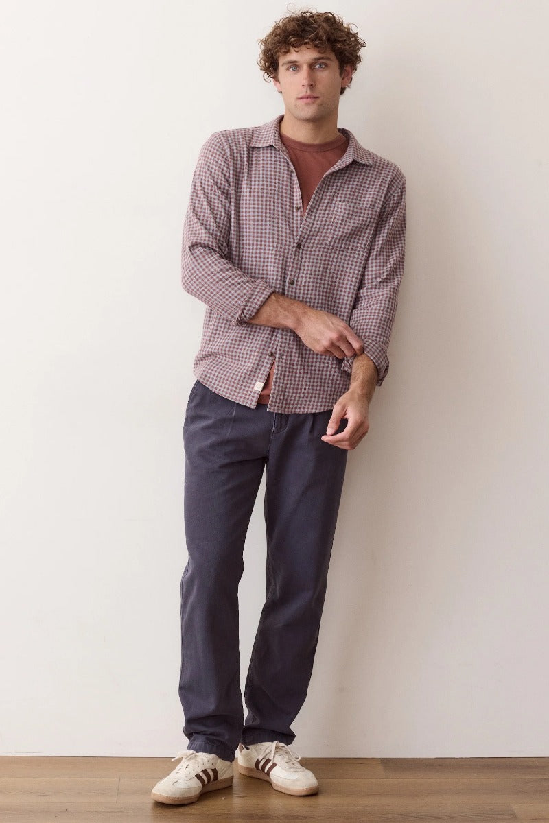 Marine Layer Stretch Selvage Long Sleeve Shirt - Burgundy/Blue Gingham