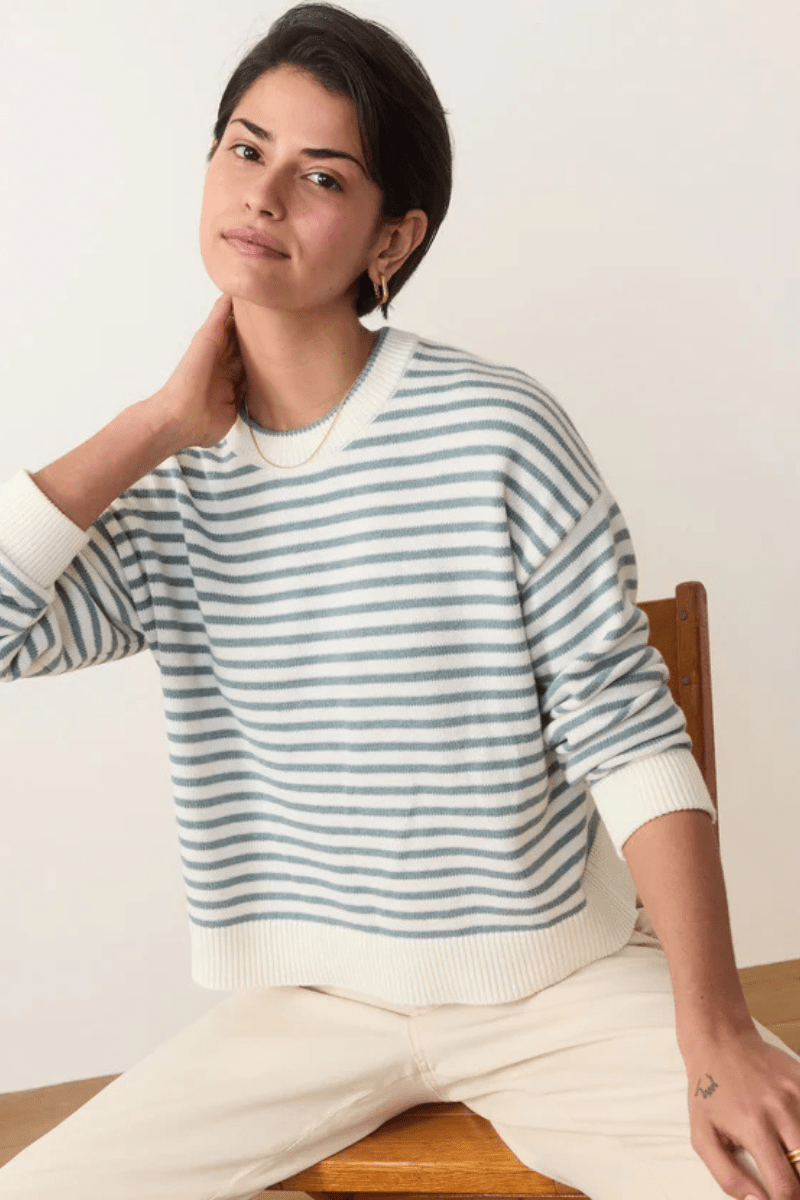 Suki Crewneck Sweater in Topaz Stripe - Marine Layer - Archery Close