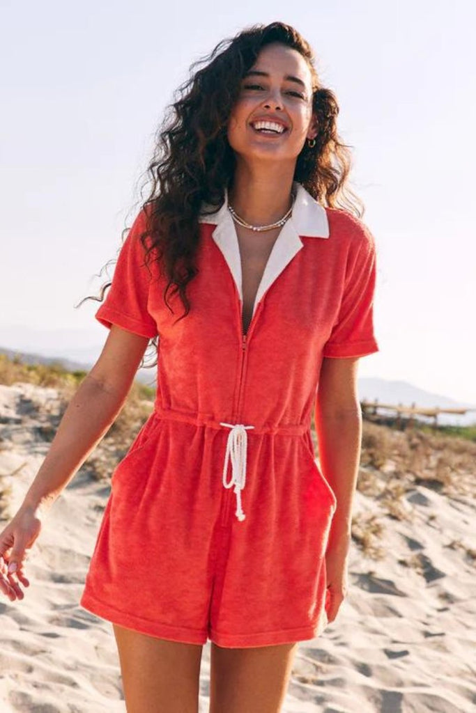 Terry Out Romper in Hot Coral - Marine Layer - Archery Close